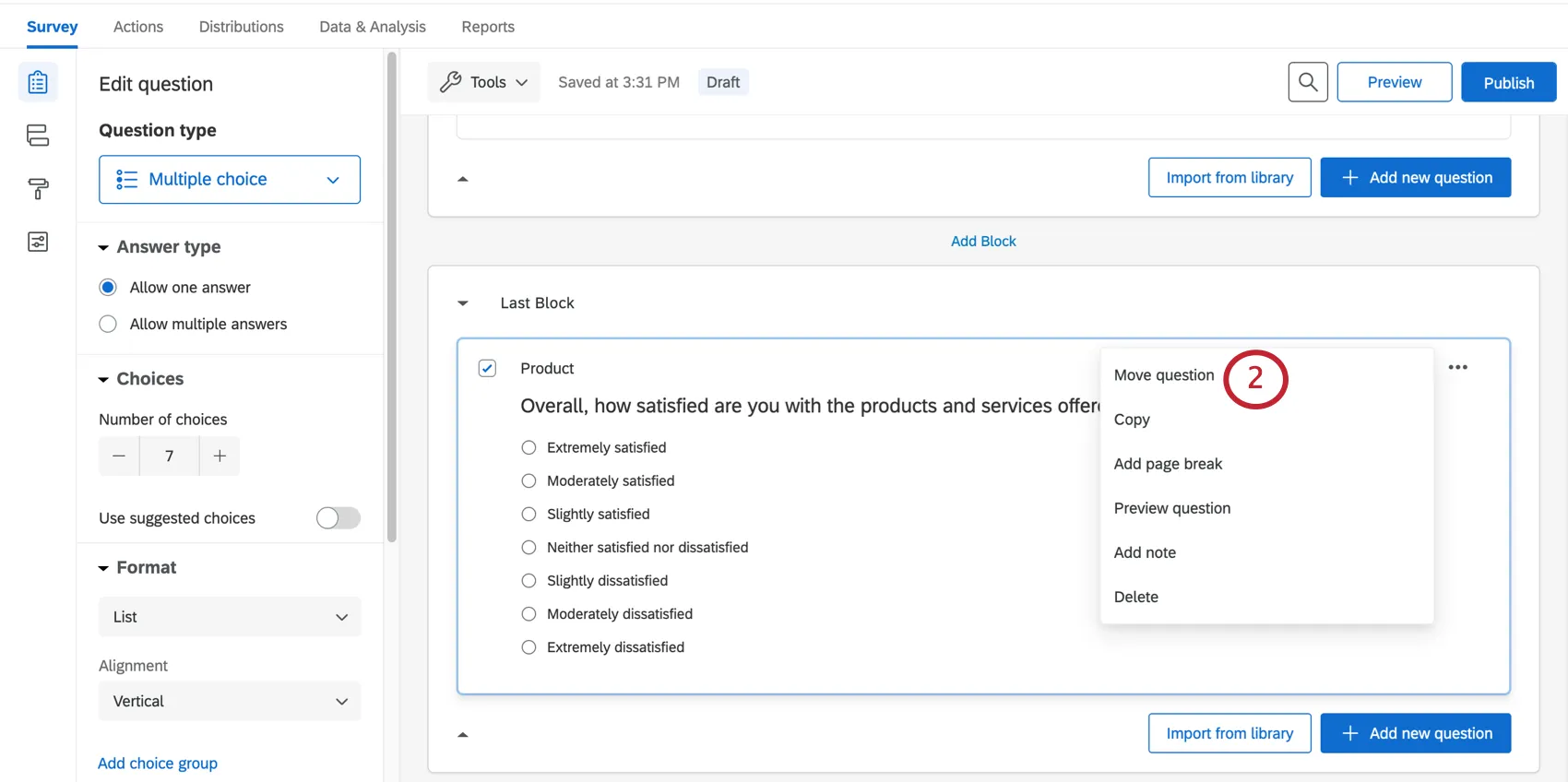 Shows dropdown upper-right of a quesiton where you can manually move, but you can also drag and drop
