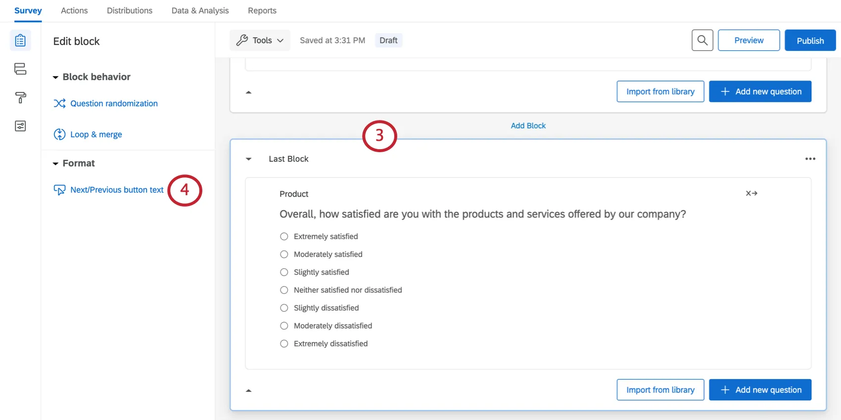 Block ausgewählt, Bearbeitungsbereich nach links zeigt Text der weiter Zurück-Schaltfläche als Option an