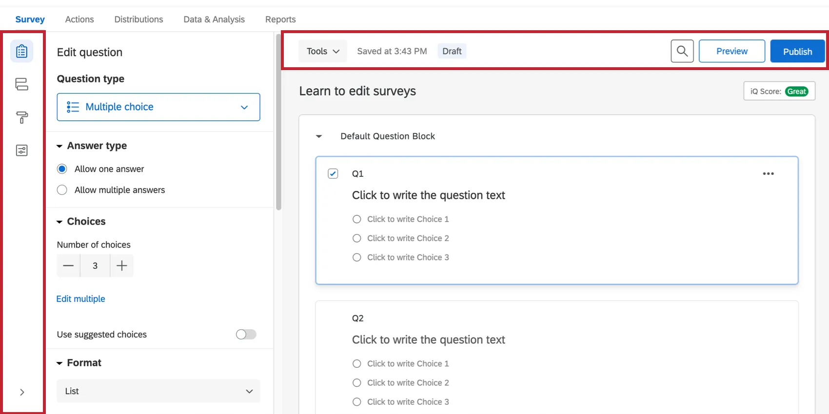 La barra de herramientas de la izquierda tiene iconos para el editor, el flujo de la encuesta, el diseño y los fondos, y las opciones de la encuesta. La barra de herramientas en la parte superior tiene un menú desplegable Herramientas, un cuadro de búsqueda, un botón de vista previa y un botón de publicación