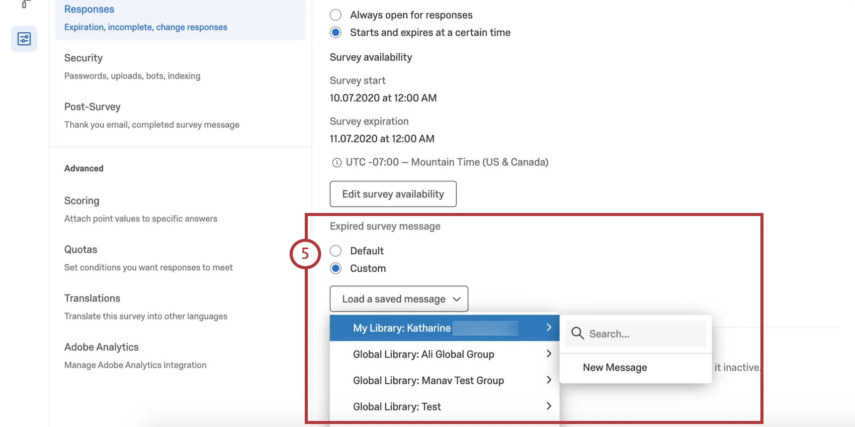 Choosing a library message from the dropdowns