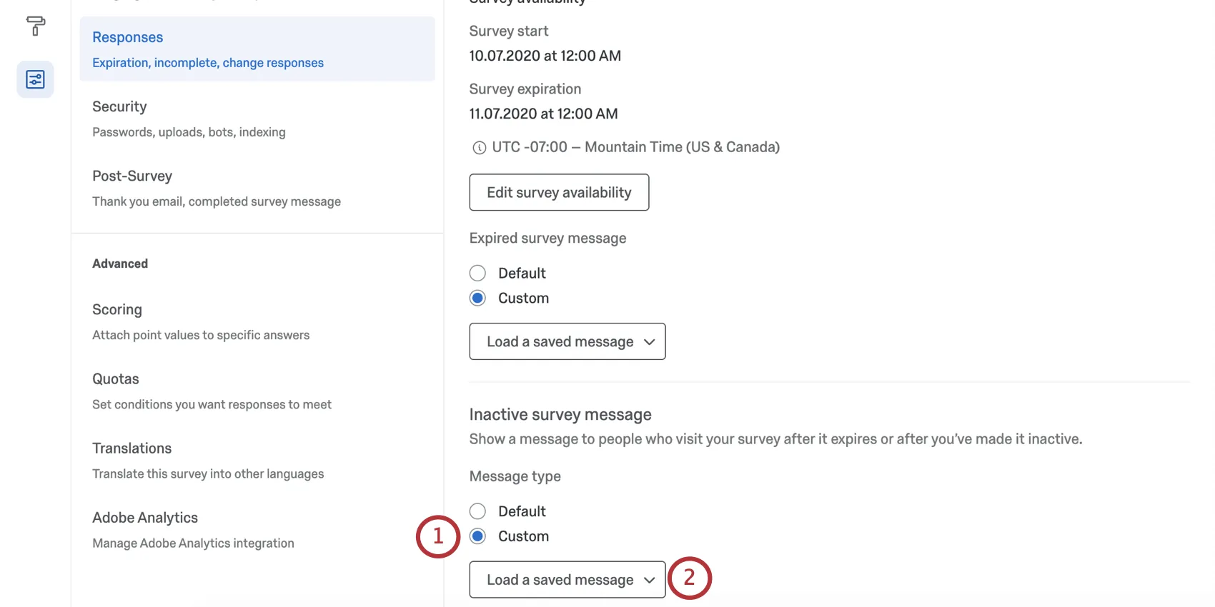 Iactive survey message options all the ay at the bottom of the responses section of survey options