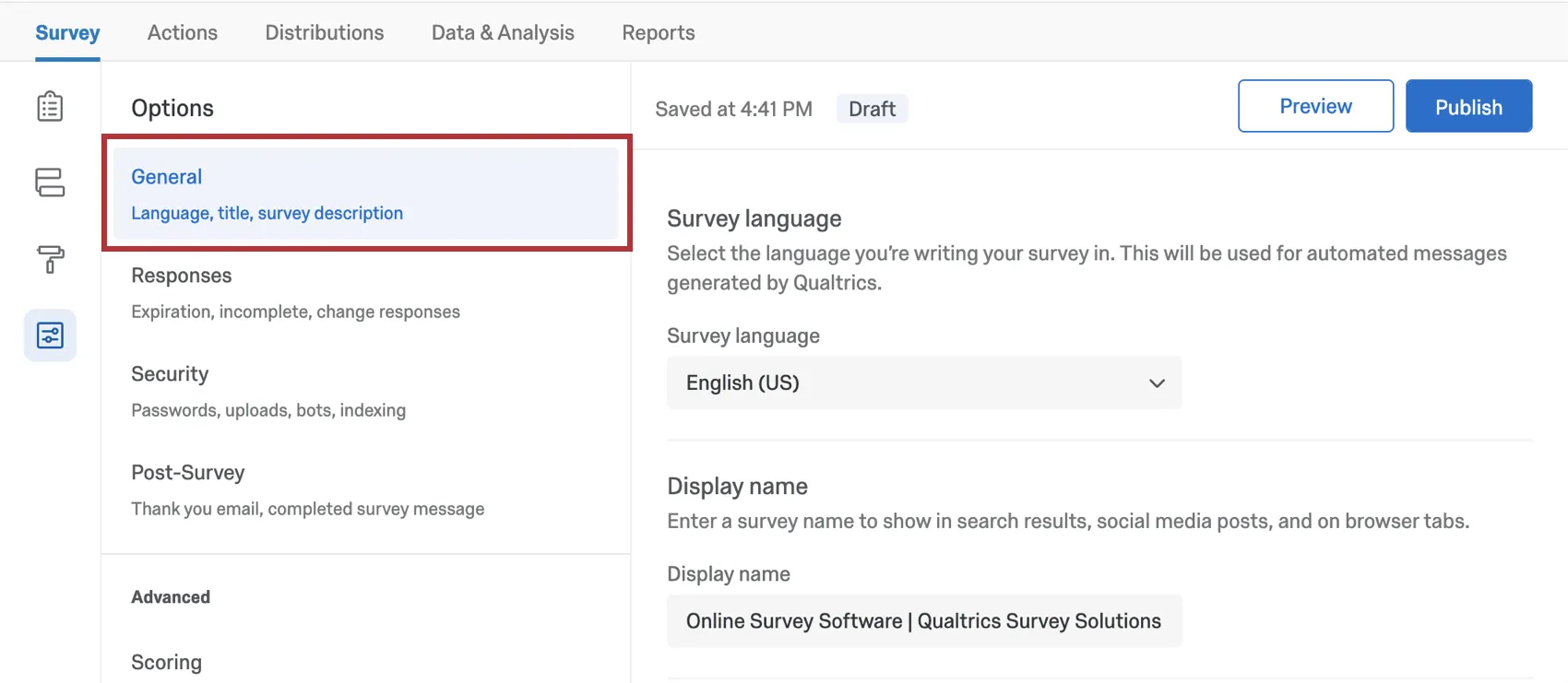 General section of survey options