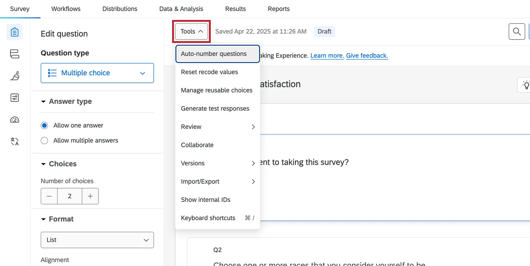 エディタ上部のツールをクリックすると、アンケート調査ツールメニューが表示されます。