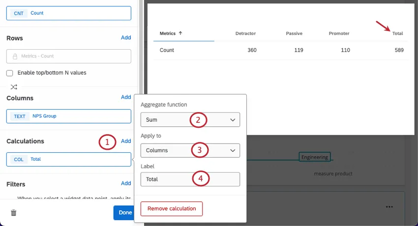 Image shows adding calculations in a table widget; also highlights where the Total column is in the background