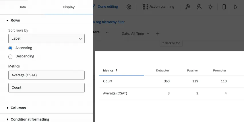 Imagen de la configuración de filas en un widget de tabla