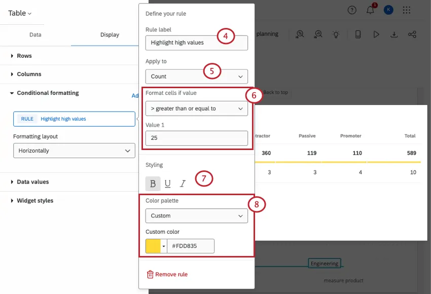 新しく追加されたルールから開く "define your rule "メニューの画像。"rule label"、"apply to"、"format cells if"、"value 1"、"styling"、"color palette "の順にフィールドがある。