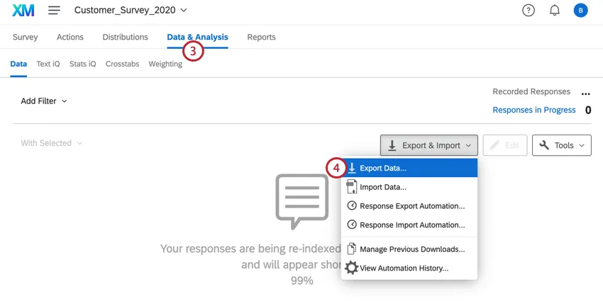 Navegar hasta los datos y análisis y seleccionar exportar datos