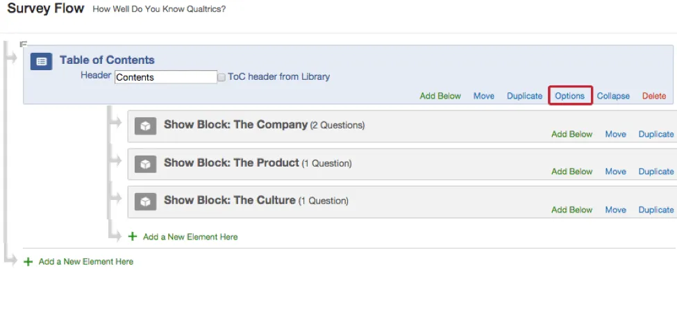 Options button on a table of contents