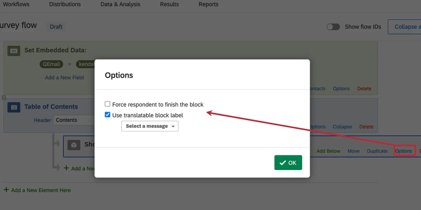 image of a survey flow with a table of contents element and question blocks underneath. The ToC options on a question block is selected and the options are visible