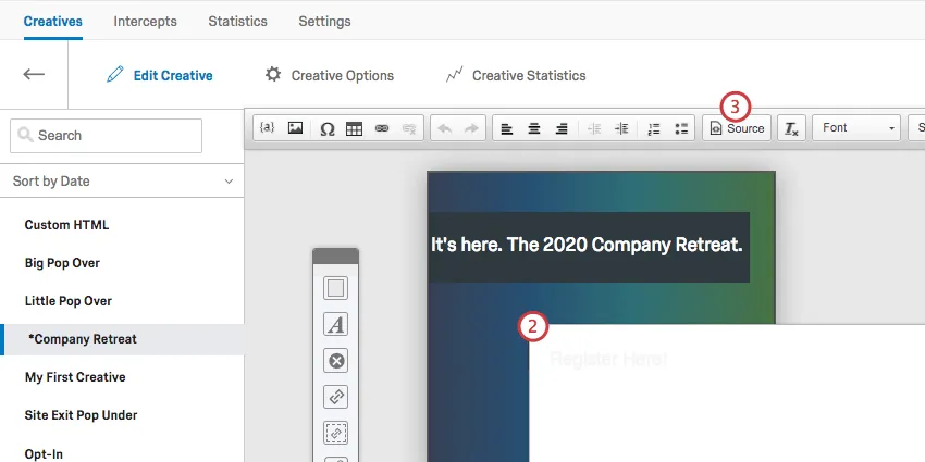 The target in the Creative editor is double clicked, revealing a new toolbar up top with a Source button in it