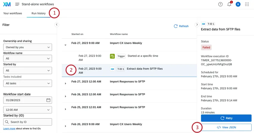 going to run history, selecting a task, and clicking view JSON