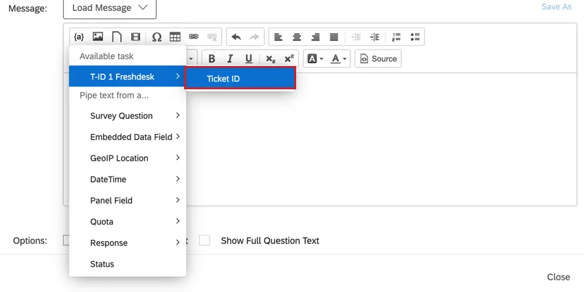 Utilizando el menú de texto dinámico para elegir la tarea del ticket
