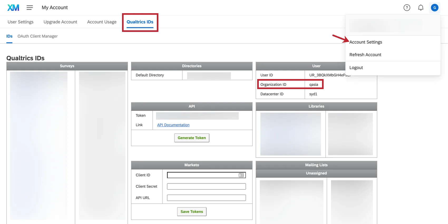 Trouver lidentifiant de lorganisation dans la section Qualtrics IDs des Paramètres du compte