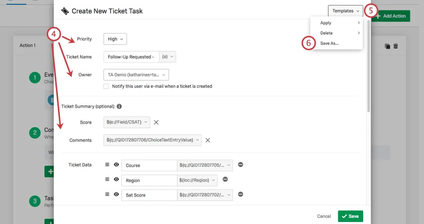 Sur une tâche de ticket, en sélectionnant les modèles dans le coin supérieur droit