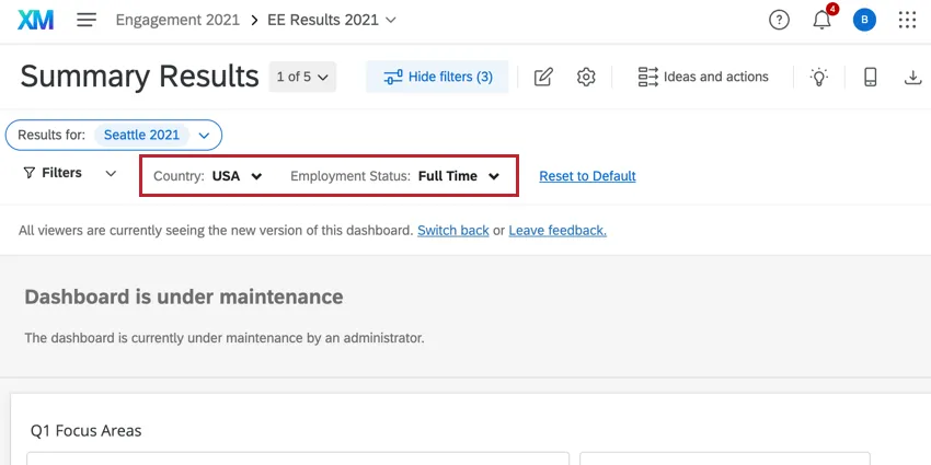 filtri applicati su una dashboard EX