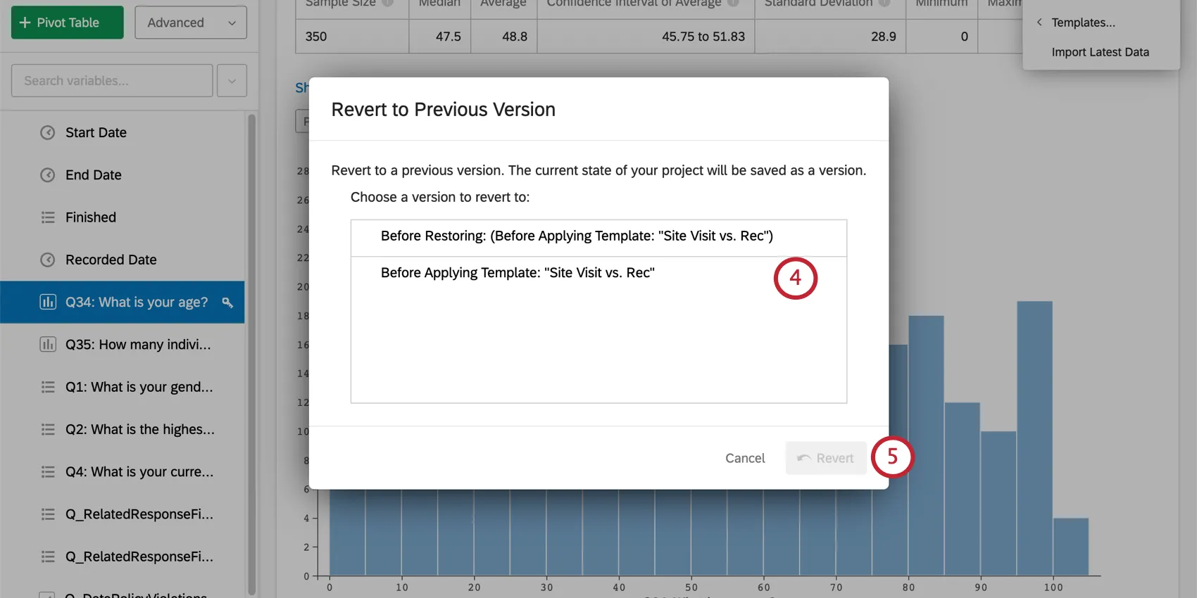 Changes listed in new window, selected in blue, bottom-right blue button says revert