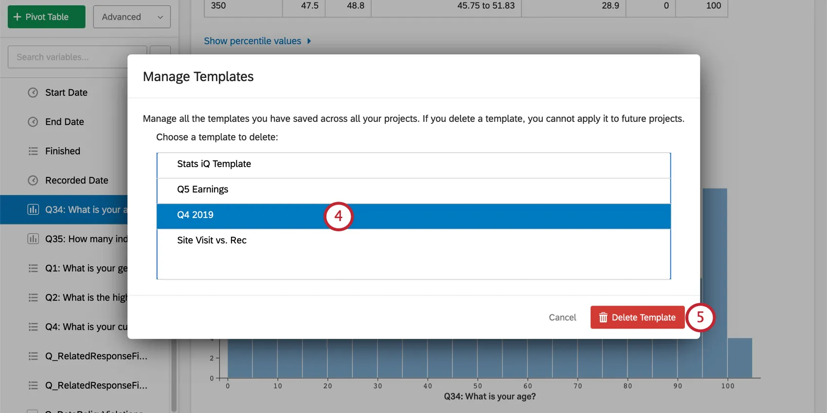 List of templates, selected in blue, delete button in red lower-right of window