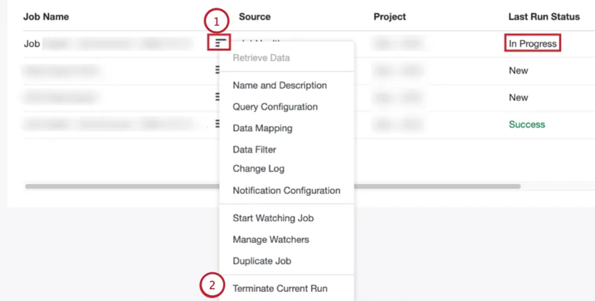 selecting terminate job in the job options menu
