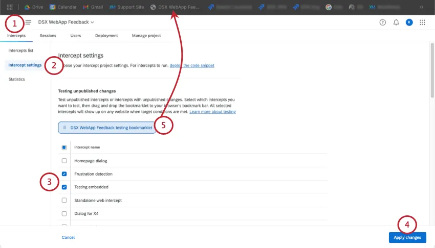 intercept settings testing options