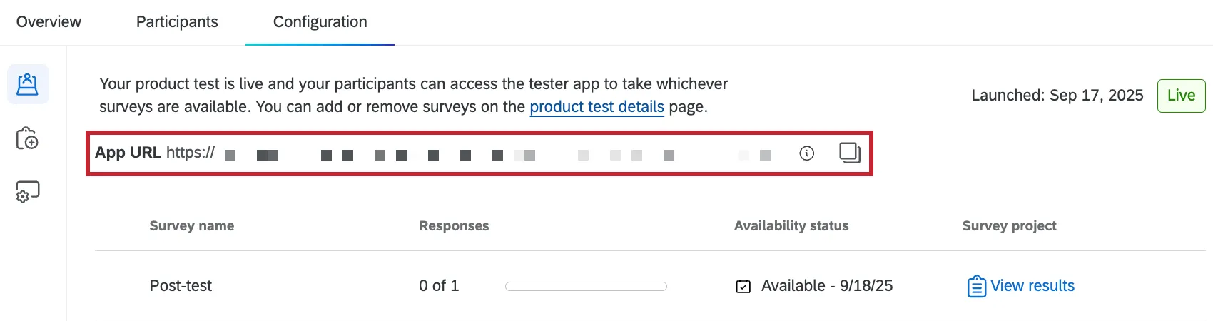 the app URL highlighted within the configuration tab