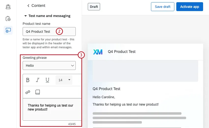 sections pour entrer un nom de test de produit et un message daccueil