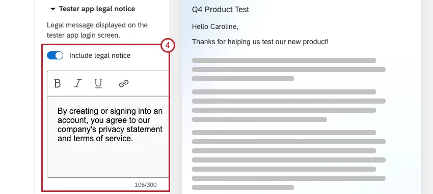 section to add a legal notice to the app