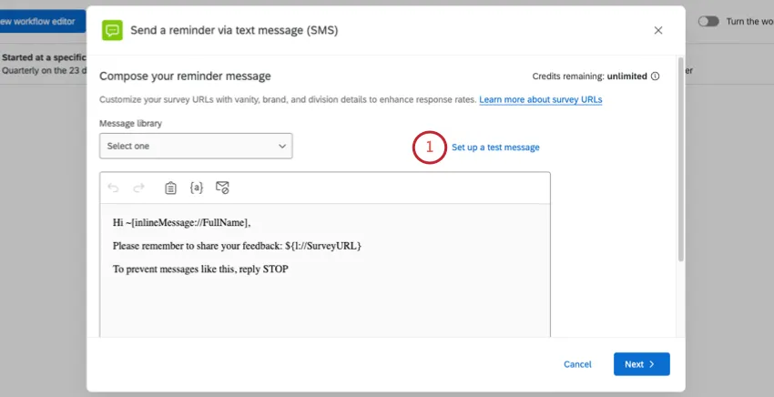 send a test message text in blue above the invite message