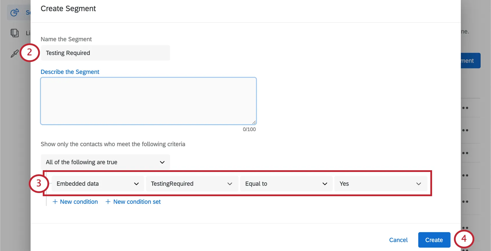 Image of the segment creation window with the fields described filled out as described