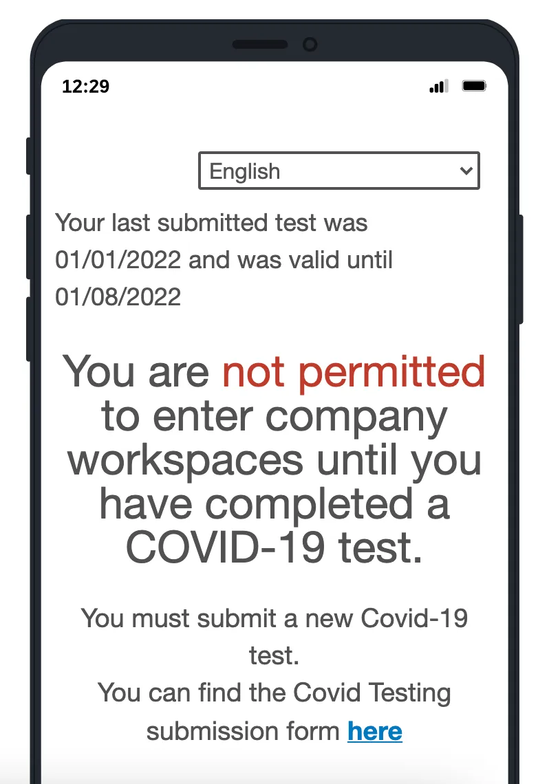 Image of a phone where someone has submitted the survey and sees they are NOT permitted to enter the company workplace