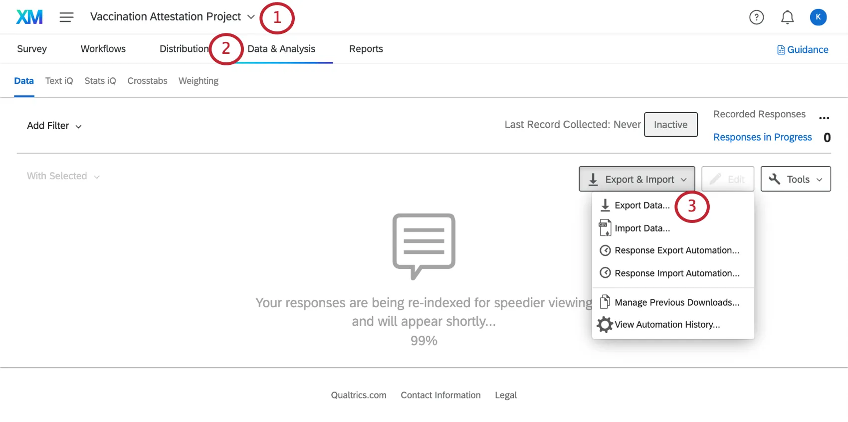 Image of data & analysis tab opened with the export and import menu expanded