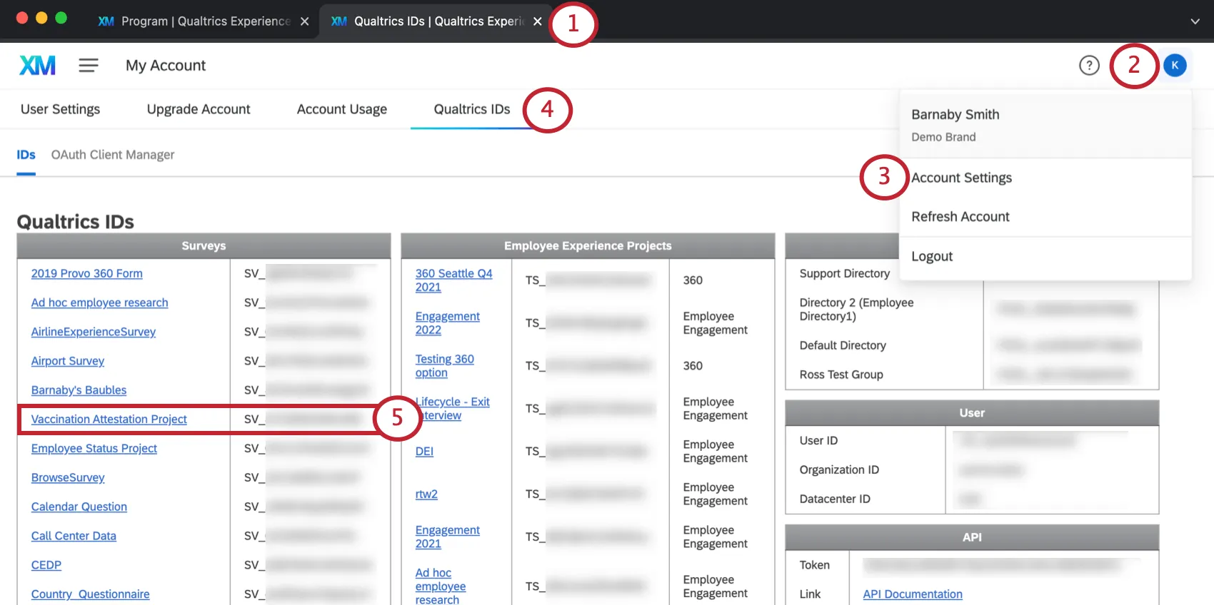Image of a new tab with Qualtrics IDs opened; Survey IDs appear on the left of the page