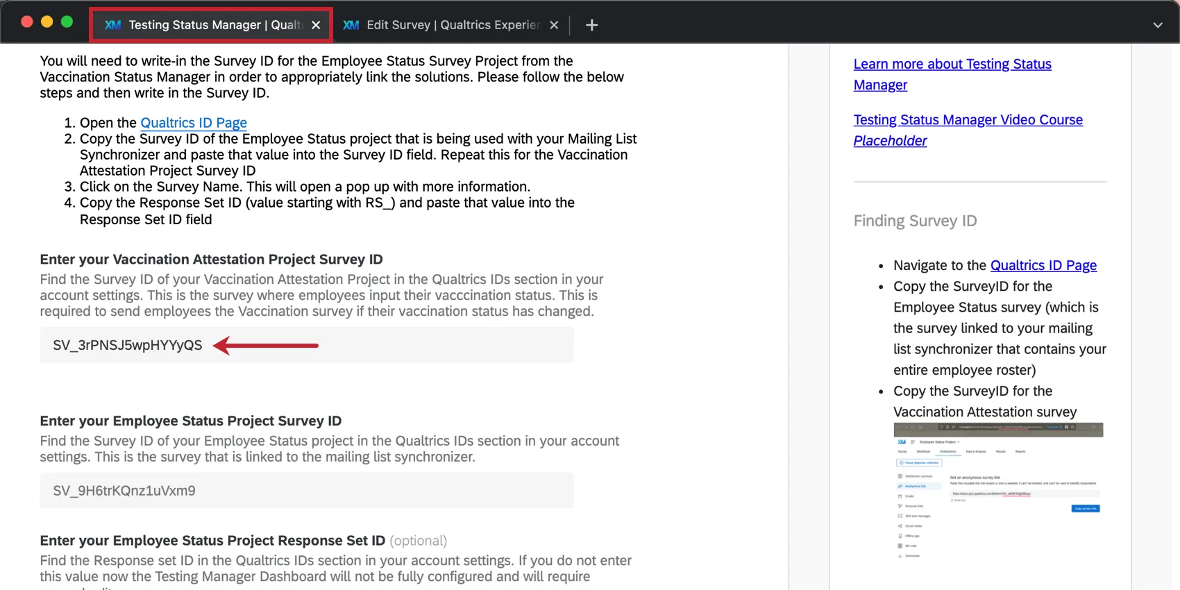 Image of the testing status manager setup page, with the field for entering the vaccination attestation ID