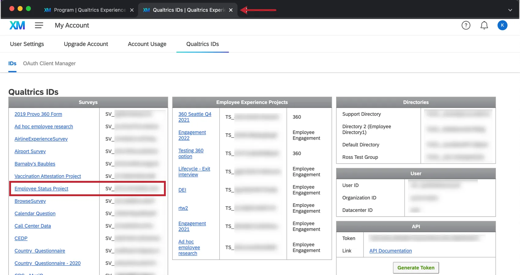 Imagen de la página de identificaciones de Qualtrics