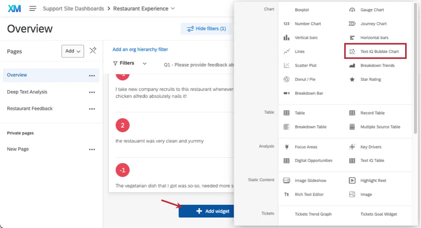 Adding a text iQ bubble widget to a dashboard page