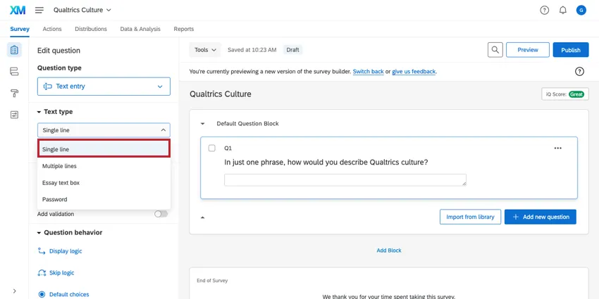 The Single line is selected as the Text entry question Text type