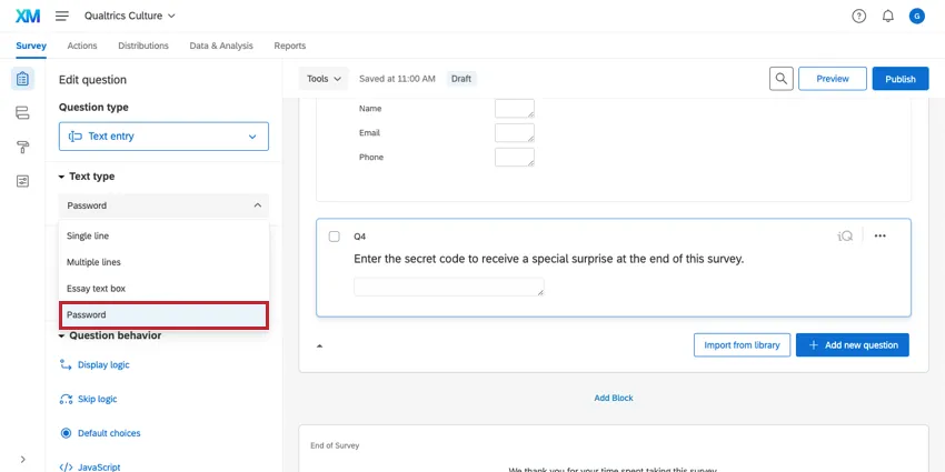 Password is selected as the Text entry question Text type