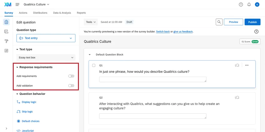 Requisitos da pergunta destacados no lado esquerdo