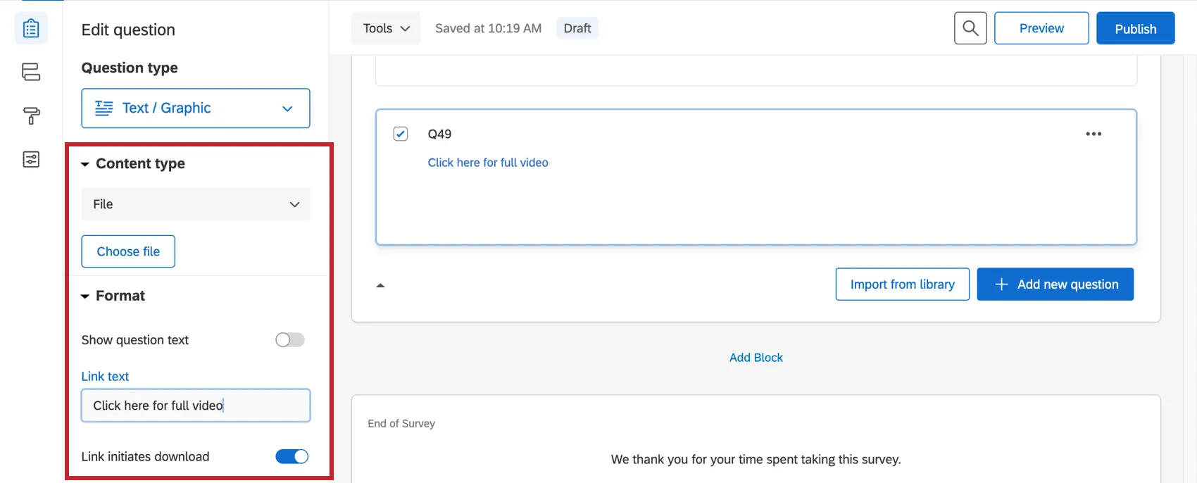 テキスト／グラフィックの質問文が「ファイル」に設定されている。