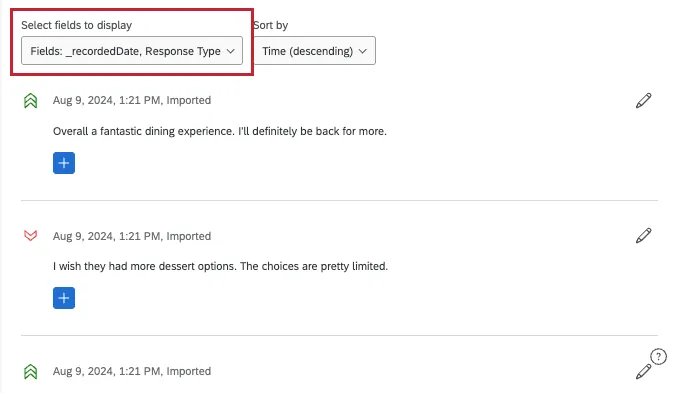image of a dropdown menu above several text iQ comments. the menu is called select fields to display, and shows the recorded date and response type have been added to each comment.