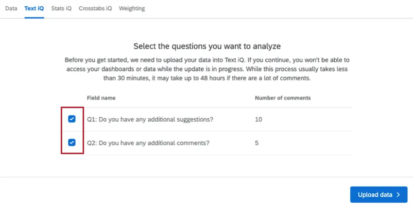 selecting questions to upload to text iq
