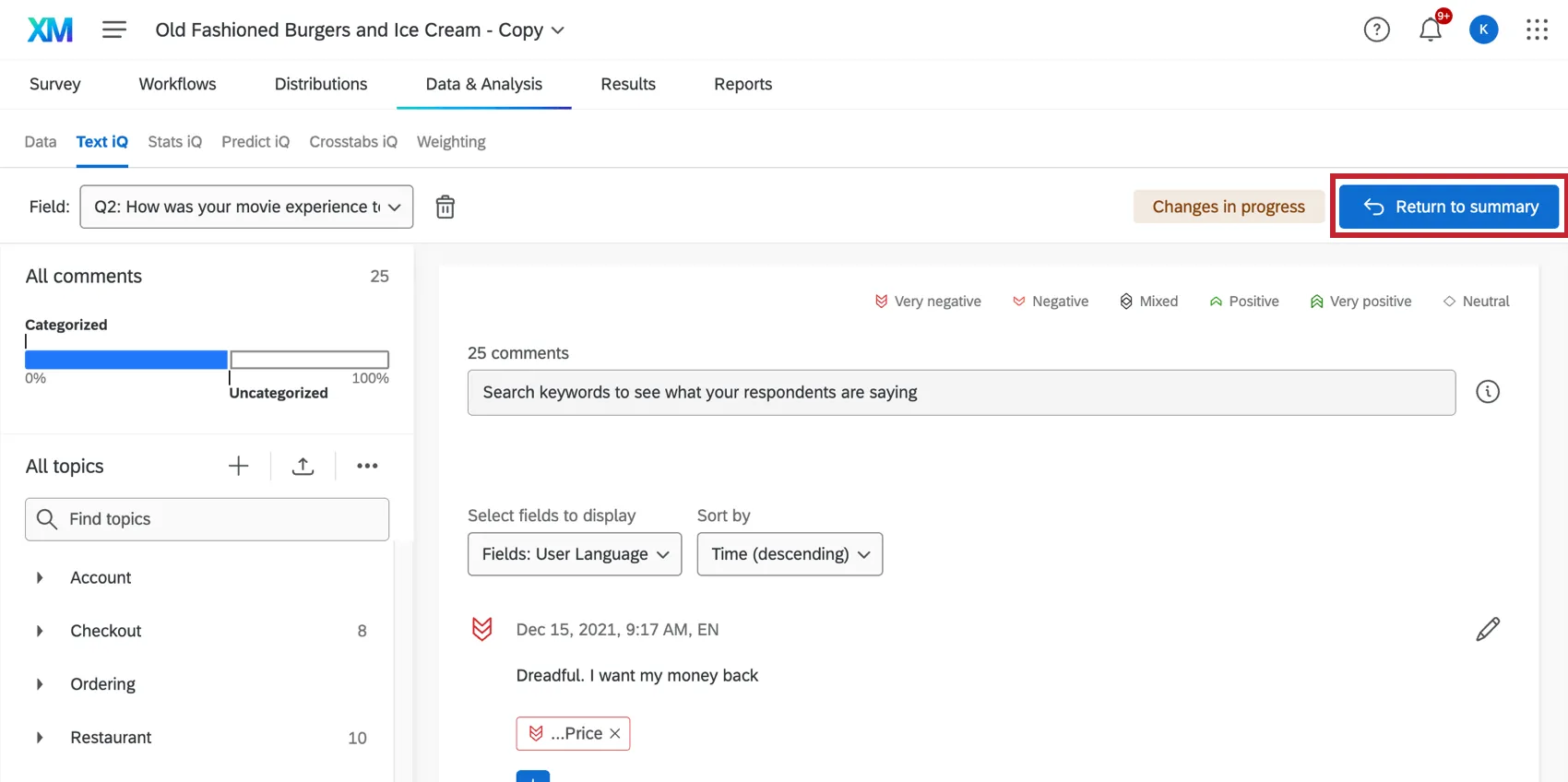 the return to summary button