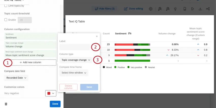 Widget cliccato due volte con il panel di modifica aperto a sinistra; facendo clic sul pulsante Aggiungi colonna si apre un menu a sinistra del pulsante con i campi descritti