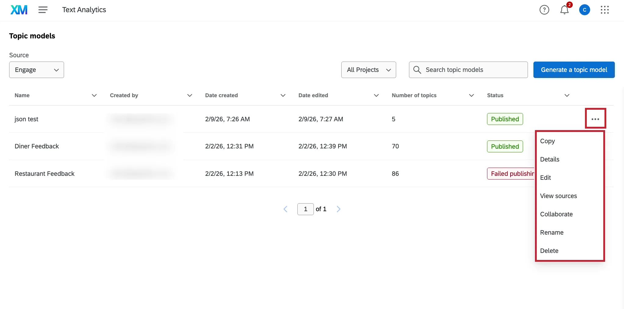 il menu delle opzioni di un argomento