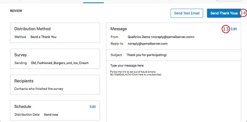 Botão Send Thank Yous (Enviar agradecimentos) no canto superior direito