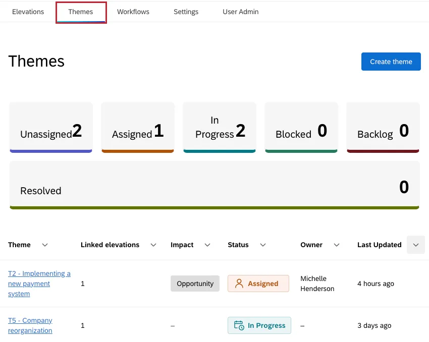 themes tab highlighted within a bain outer loop project