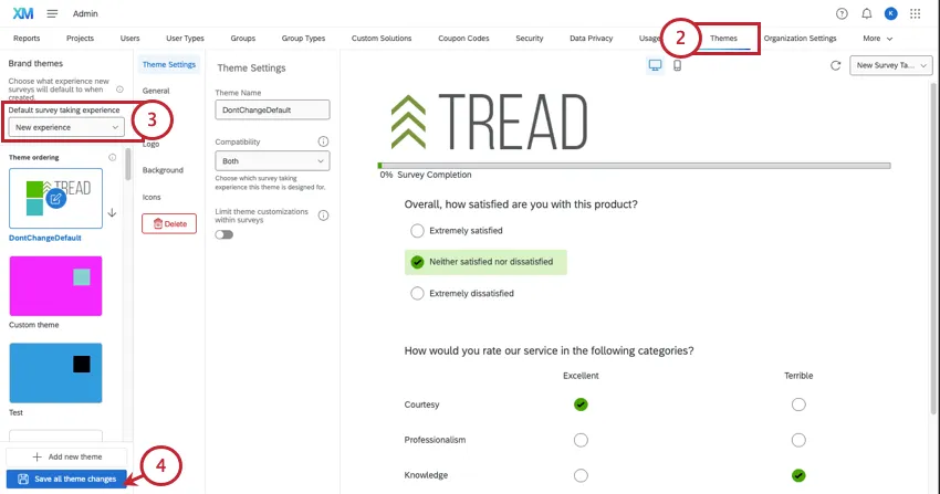 Pestaña de temas abierta y experiencia de realización de encuesta predeterminada resaltada en la parte superior