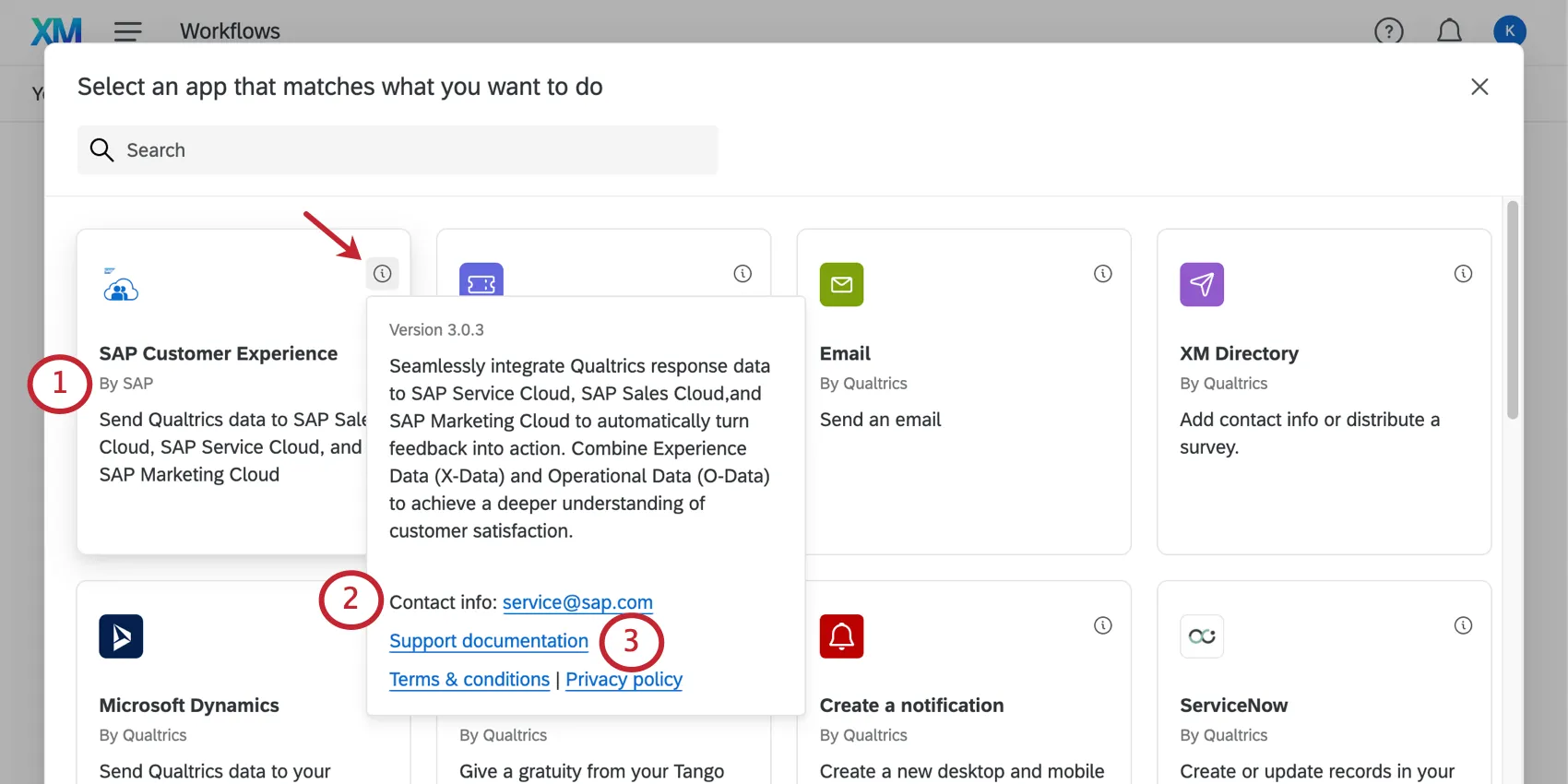 Imagen de una extensión de SAP Experiencia del cliente en el menú Flujos de trabajo . Hay una información sobre herramientas en la parte superior derecha que, cuando se hace clic, muestra información de contacto y documentación para la función.