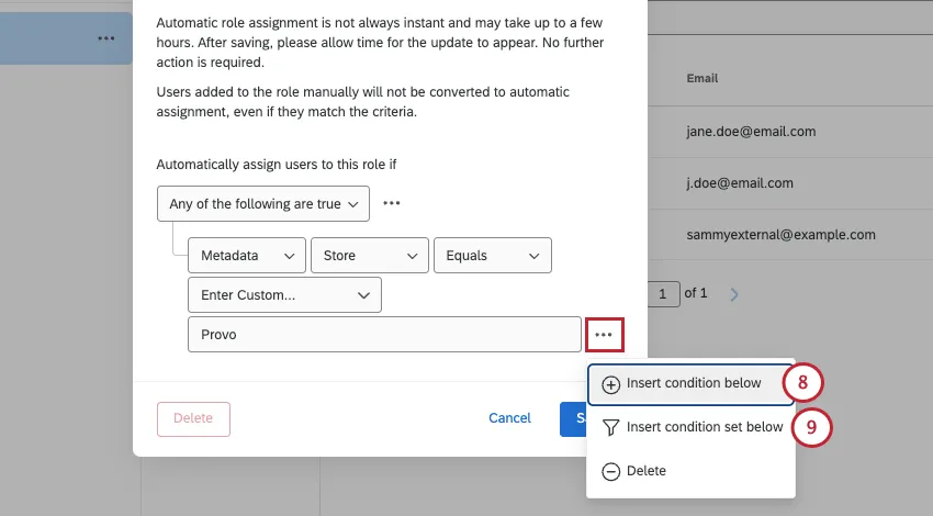 the options for adding additional conditions to the role