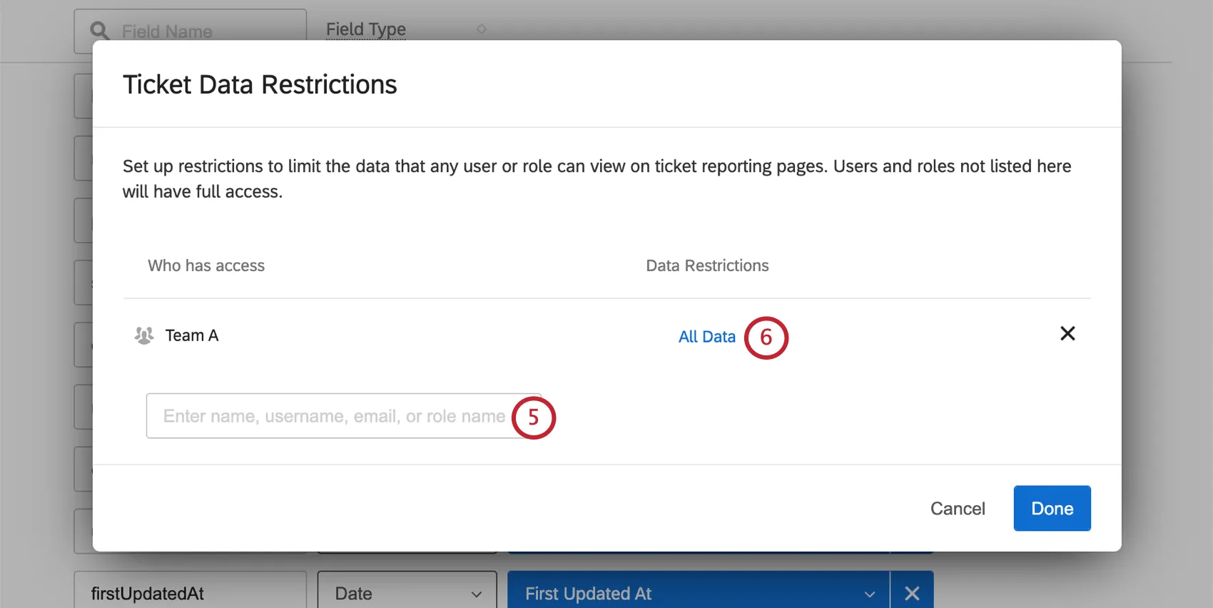 Search bar for finding roles; on the right, next to an added role, text in blue that says "all data"