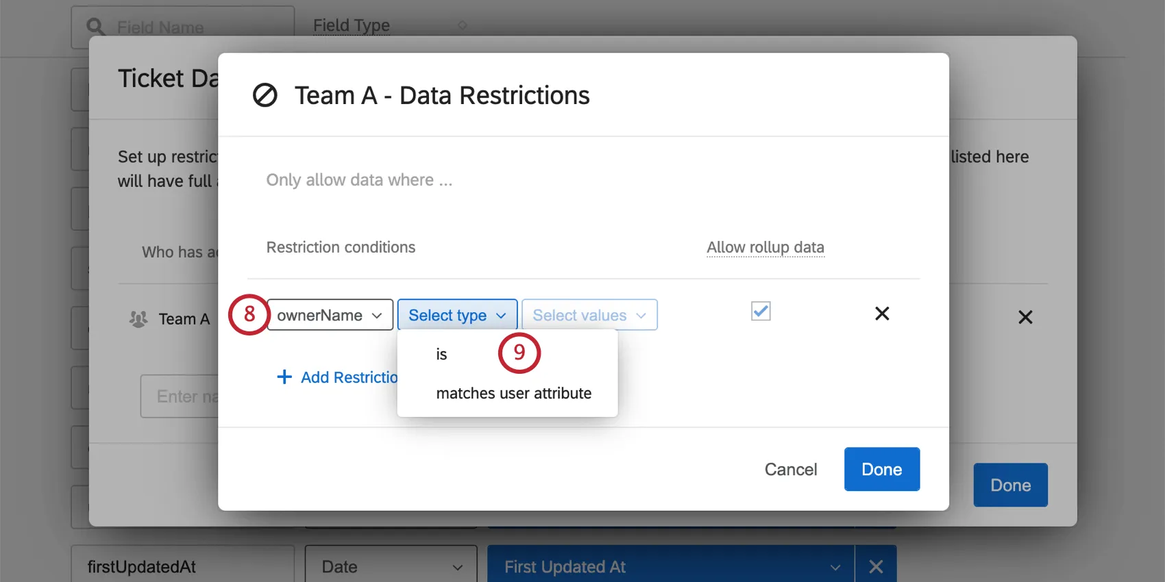 Seleccionar campos de datos de ticket desde los menús desplegables